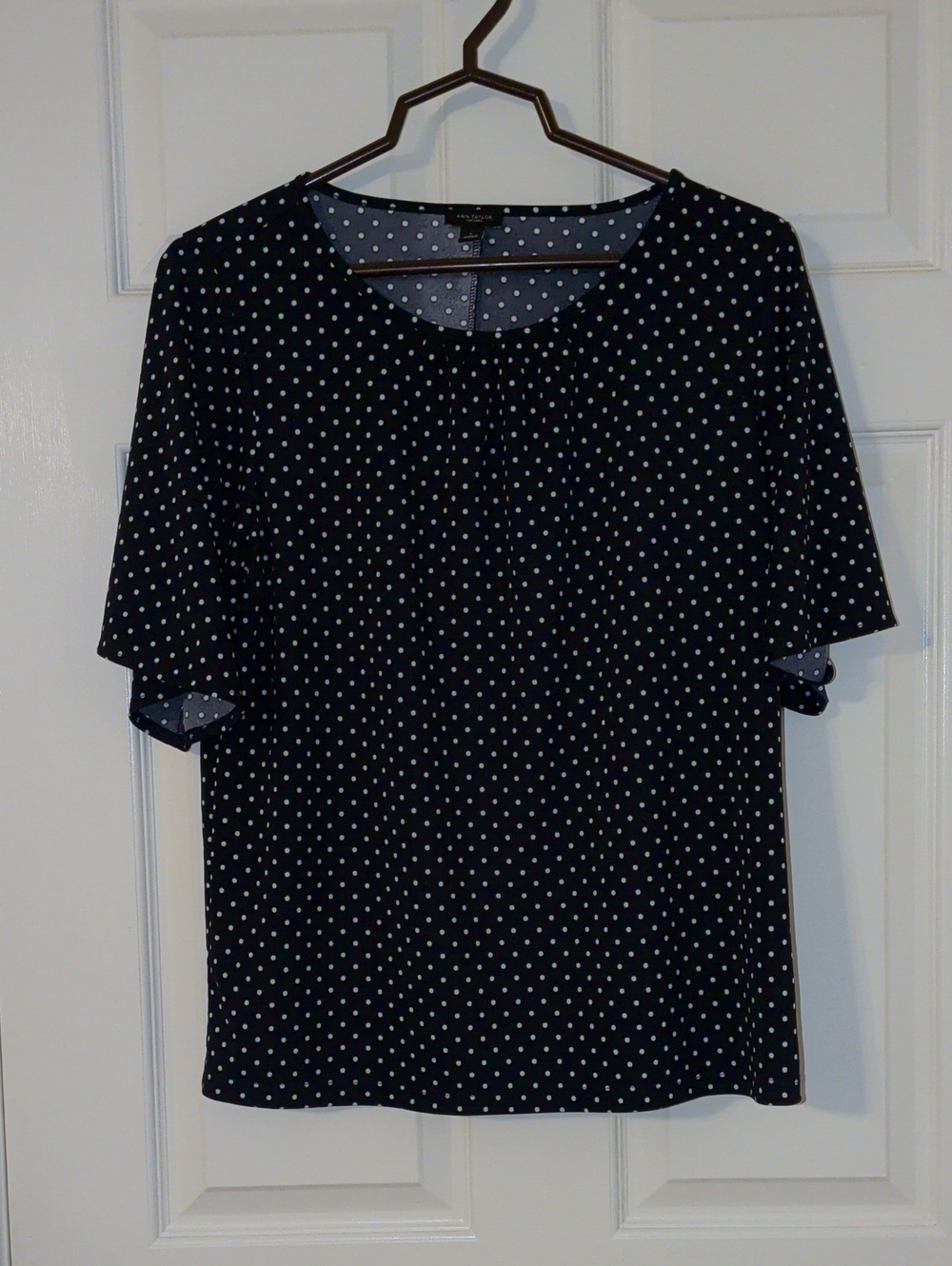 Ann Taylor Factory Navy and White Polka Dot Short Sleeve Blouse